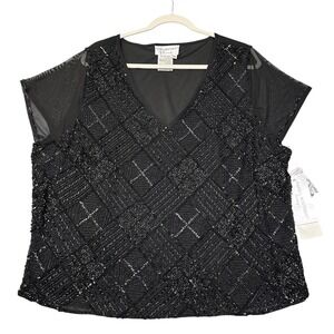 Papell Boutique Evening Top Womens 2X Beaded Short Sleeve V Neck Party‎ Blouse